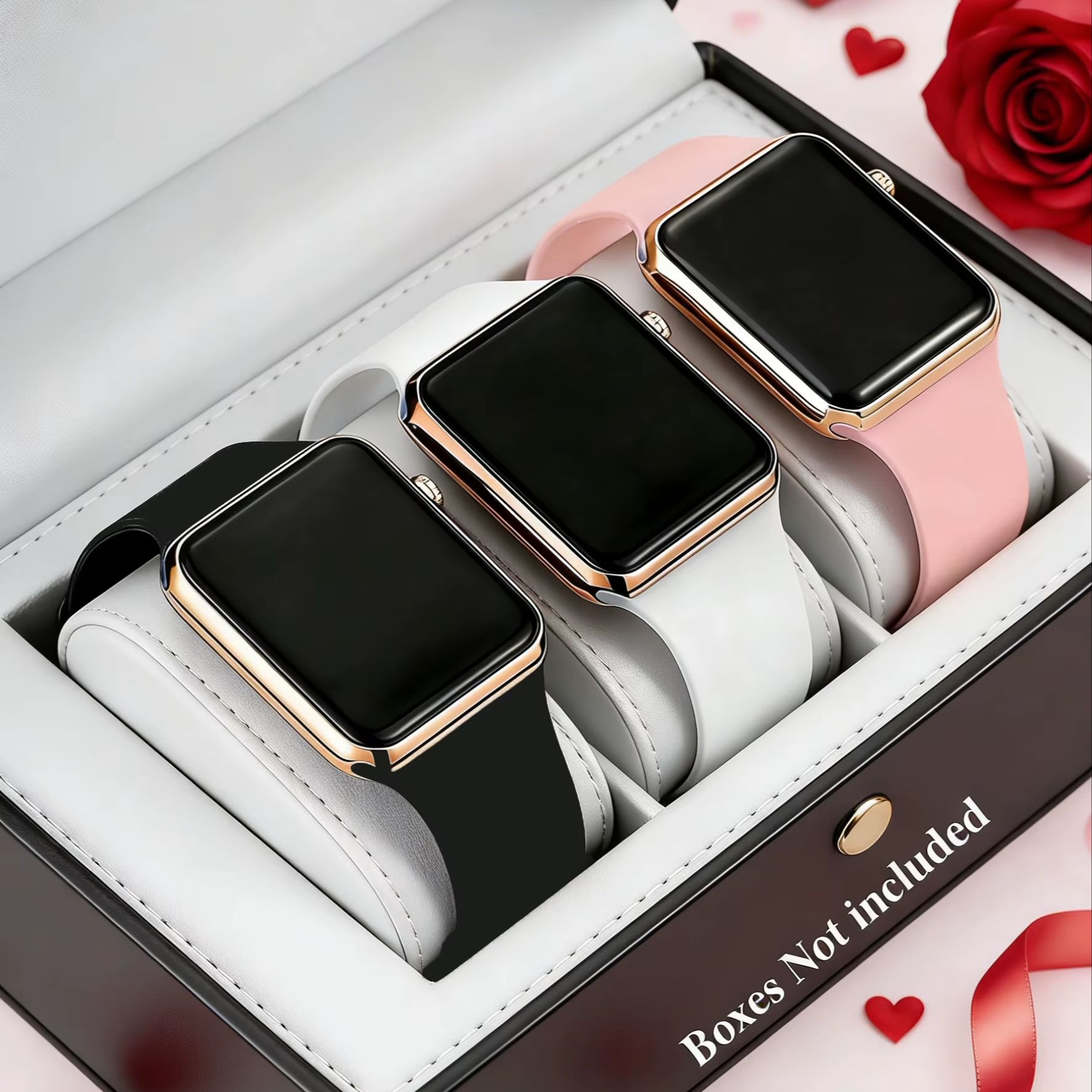 Smartwatch Watches For Girls - ชุดนาฬิกาอิเล็กทรอนิกส์สุดน่ารักและมีสไตล์ 3 ชิ้น สำหรับคู่รัก ไม่มีฟังก์ชันสมาร์ท ของขวัญวันเกิดสุดประณีต
